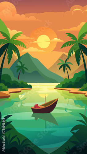 Tranquil tropical sunset over a calm bay with a lone boat and palm trees