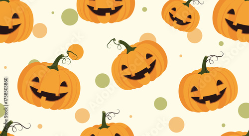 A fun and festive pattern of smiling jack o lanterns perfect for Halloween decorations.
