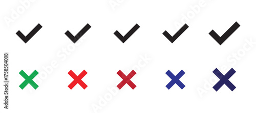 A set of Check mark icons set. black and colors Check marks cross symbol collection. Simple check mark. Quality sign icon. Approval check flat style - stock vector.