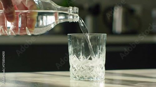 Mineral water pouring from its bottle into a glass close up view footage