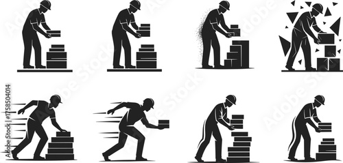 Box stacking silhouette, manual labor illustration, black and white figure, lifting motion, running with box, ergonomic pose, dynamic action, worker effort