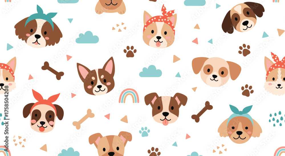 Obraz premium A whimsical pattern featuring adorable pixel art dog faces wearing colorful bandanas and accompanied by playful clouds bones and paw prints.