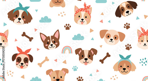 A whimsical pattern featuring adorable pixel art dog faces wearing colorful bandanas and accompanied by playful clouds bones and paw prints.