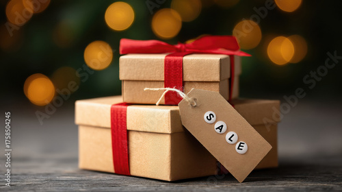 Gift boxes with red ribbons and sale tag are stacked under festive holiday lights, creating warm and inviting atmosphere