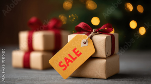 Gift boxes with red ribbons and sale tag are stacked under festive holiday lights, creating warm and inviting atmosphere