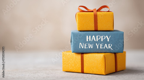 Stack of gift boxes with Happy New Year tag, wrapped in yellow and blue paper with orange ribbons, on neutral background