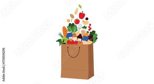 Healthy groceries overflowing from a brown paper shopping bag in a vibrant explosion of fresh produce.