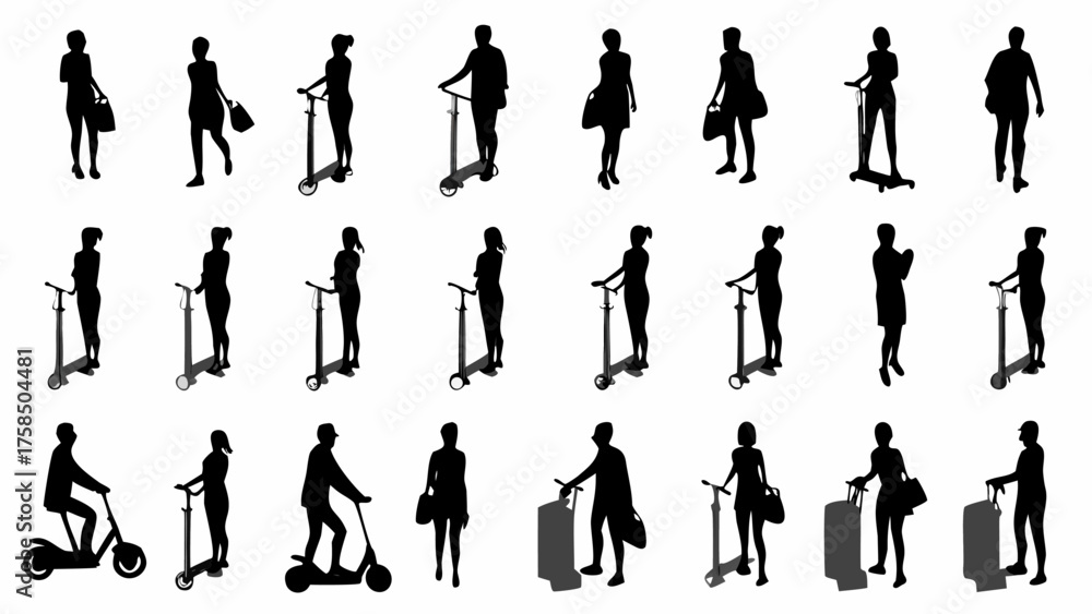 Fototapeta premium People riding electric scooters and carrying bags, an innovative transportation style silhouette set