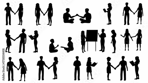 Diverse group of people in silhouette, holding hands, reading and presenting, teamwork and business concept
