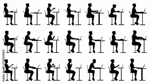 Diverse team silhouettes working at laptops, collaborative workspace, business productivity, originally vector graphics