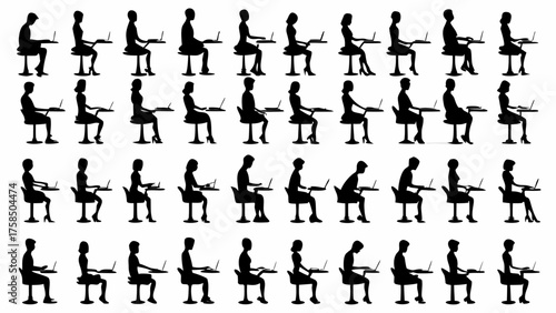 Diverse team working on laptops, silhouettes for teamwork and design projects, vector origin