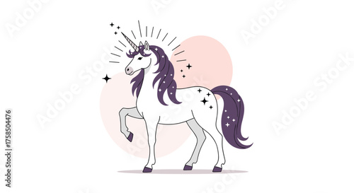 A mystical white unicorn with a starry mane and tail stands elegantly on a white background surrounded by magical sparkles and soft pink circles.