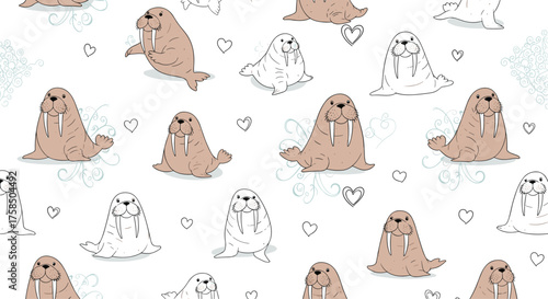 A whimsical pattern of cartoon walruses in various poses with subtle ice and snowflake accents.