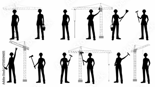 Construction workers silhouettes with cranes, ideal for building, architecture, and engineering projects