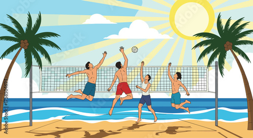 People playing beach volleyball on a sunny day near the ocean.