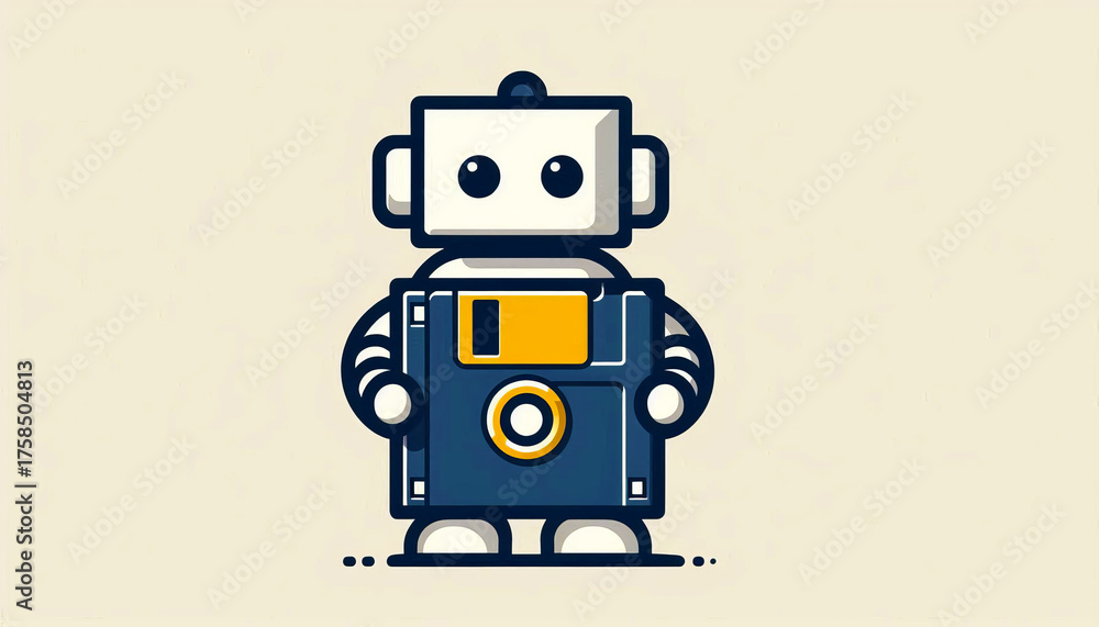 Obraz premium Robot Holding Floppy Disk Retro Tech 