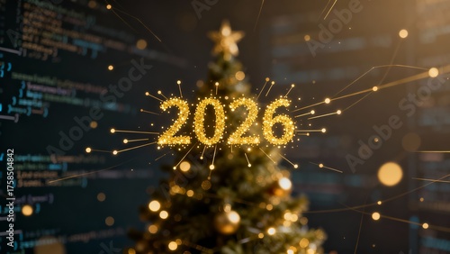 number 2026 appears in golden foil balloon font, sparkling against dark background of blurred lights and code lines, evoking excitement and anticipation