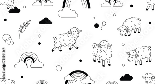 A playful pattern of fluffy sheep and whimsical rainbows on a white background.
