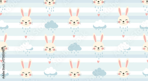 Adorable fluffy bunnies with gentle rain clouds and falling hearts pattern.