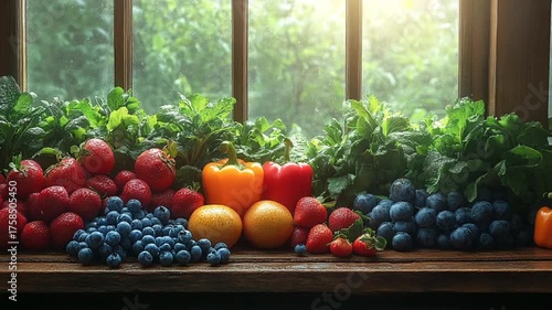Freshly Harvested Fruits and Vegetables on a Sunny Windowsill.