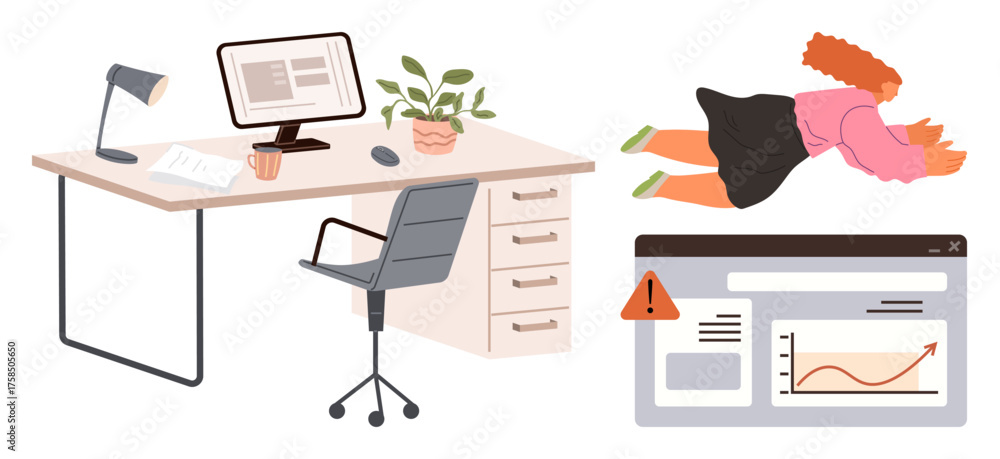Fototapeta premium Organized office desk with computer showing alert graph, woman floating away from stress. Ideal for work-life balance, stress, productivity, multitasking, remote work, time management, simple flat