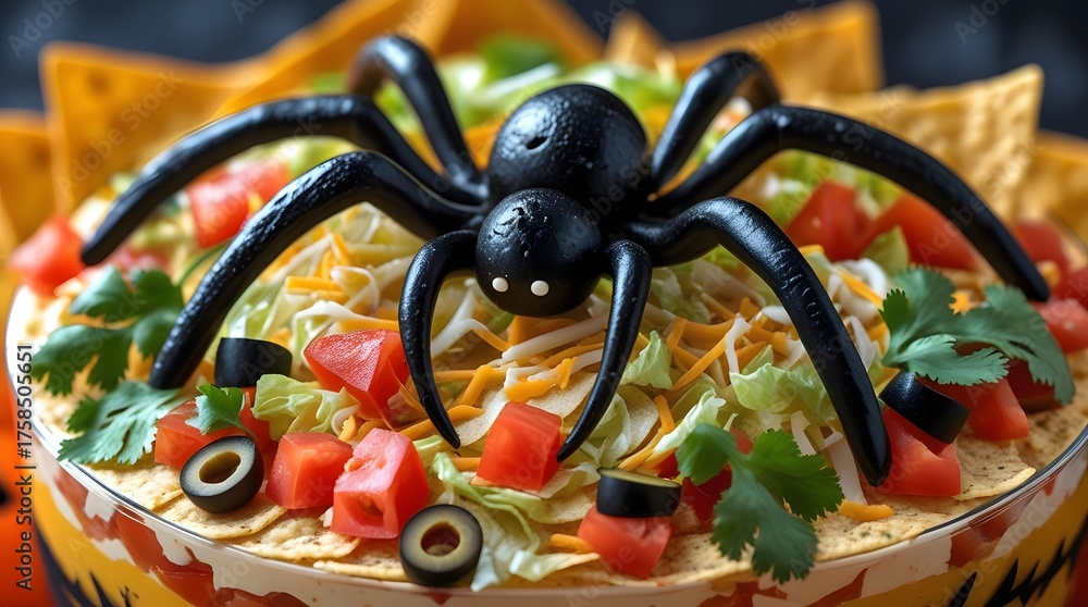 Fototapeta premium A Spooky Halloween Seven Layer Taco Dip, featuring a classic appetizer transformed into a Halloween theme with a black olive spider as the centerpiece