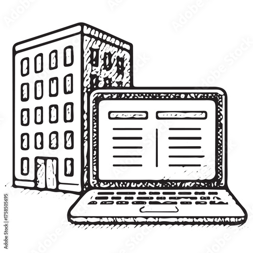 Hand-Drawn Office Building Laptop Icon for Digital Audit