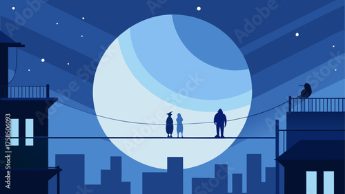 Silhouetted figures under a large moonscape