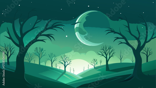 Night landscape with trees and big moon art