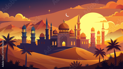 Arabian city skyline at sunset landscape