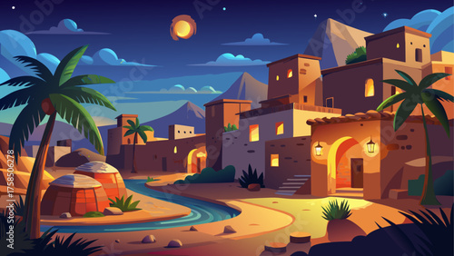 Desert townscape at night with palm trees