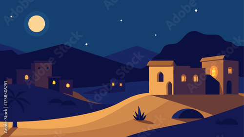 Night scene of desert village with moon