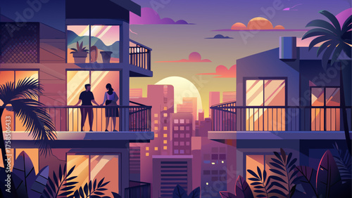 Couple on balcony overlooking city sunset