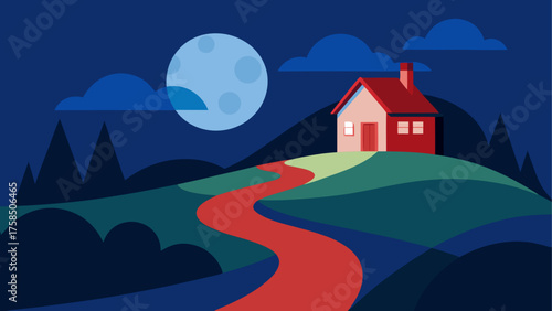 Illustration of house under moonlit sky at nighttime