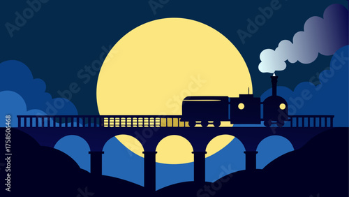 Train crossing bridge under the moonlight