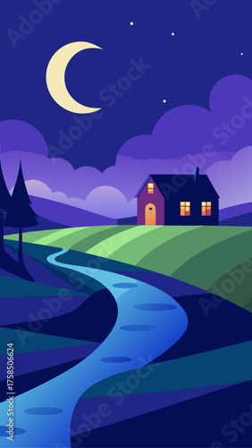 Illustration of a house under a crescent moon night