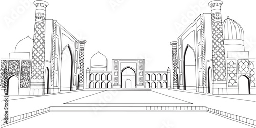 Elaborate Line Art of Registan Square Vector with Detailed Architecture on Clear Backcloth