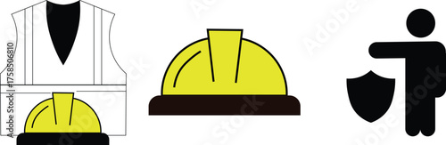 Construction safety gear icons set protective equipment including hard hat safety vest and worker shield symbol vector illustration