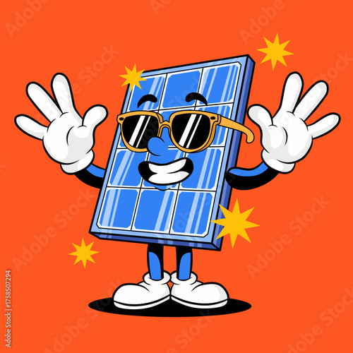 Cheerful cartoon mascot of a friendly solar panel wearing sunglasses and making a welcoming greeting gesture.this mascot represent clean energy, renewable technology, and environmental awareness.
