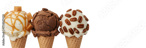 Trio of Delight: Three tempting ice cream cones, each crowned with unique flavors, stand side-by-side, promising a sweet and refreshing treat for any occasion.