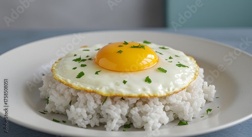 Overhead view of a fried egg on a bed of cooked white rice on a plate