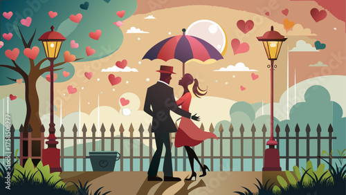 Couple dancing under umbrella with hearts
