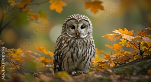Owl perched among autumn foliage with striking detail and soft focus