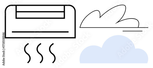 Air conditioning unit blowing cool air represented by wavy lines, a cloud, and abstract shapes. Ideal for climate control, comfort, technology, cooling, summer ventilation modern living. A simple