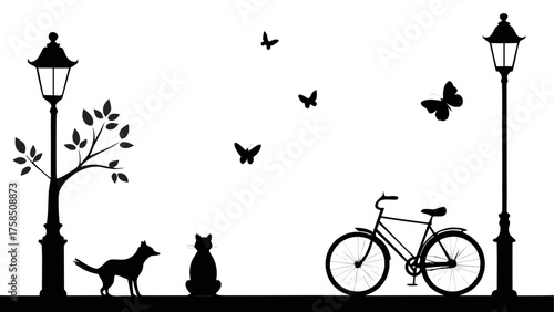 Silhouette of animals and bicycle in park
