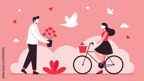 Man giving heart flower to woman on bike