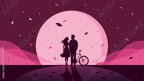 Couple silhouette with bicycle at sunset