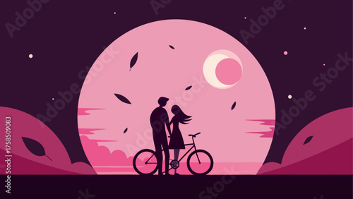 Couple with bicycle under the moonlight