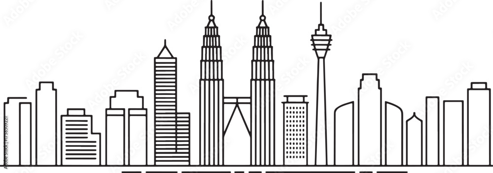 Fototapeta premium Outline Kuala Lumpur Cityscape Silhouette Vector Illustration Landmark Skyline Malaysia