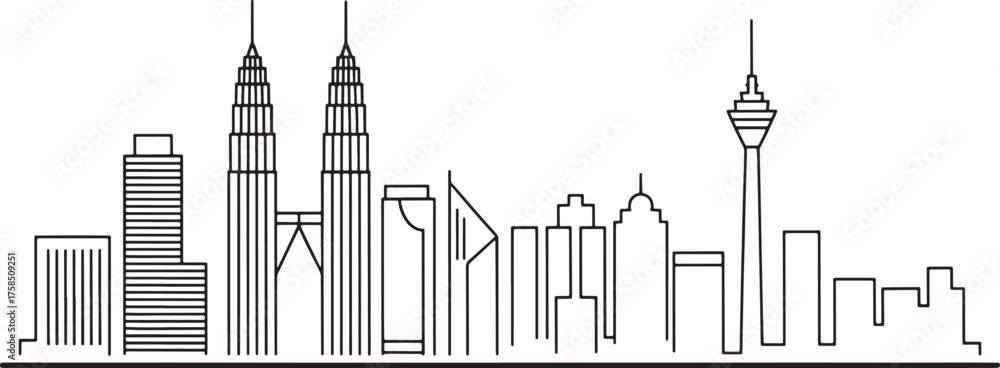 Fototapeta premium Outline Kuala Lumpur Cityscape Silhouette Vector Illustration Landmark Skyline Malaysia
